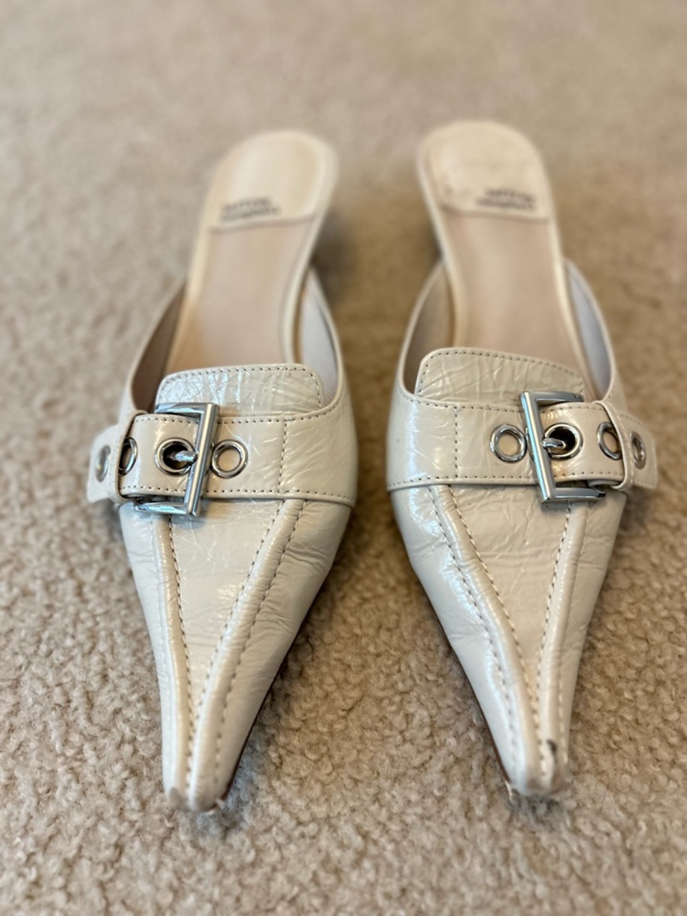 Jeffrey Campbell Pointed Mule Slides in Cream with Buckle